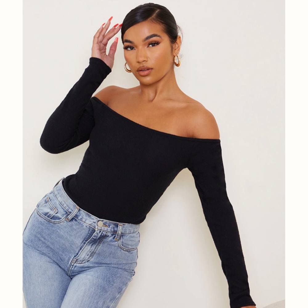 PrettyLittleThing Black Bardot Brushed Rib Bodysuit